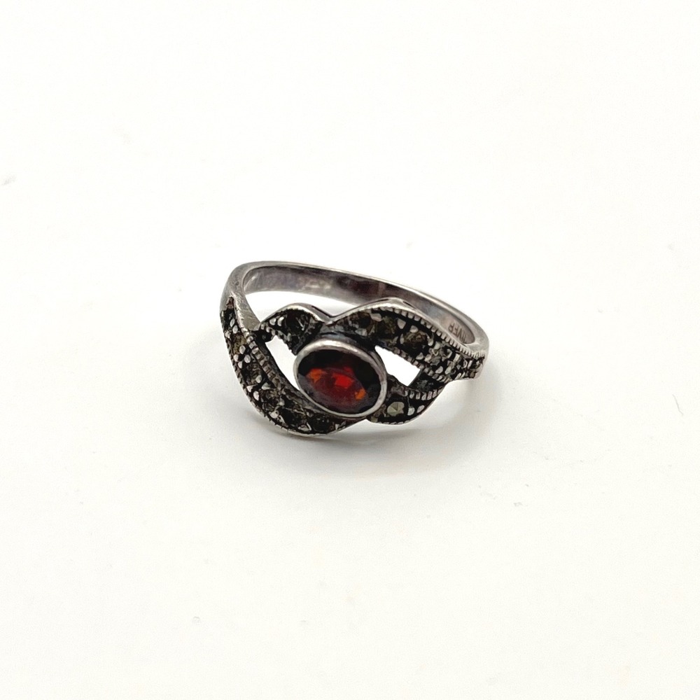 Vintage Sterling Silver Marcasite Garnet Bypass Ring Size 6.5 MISSING STONES